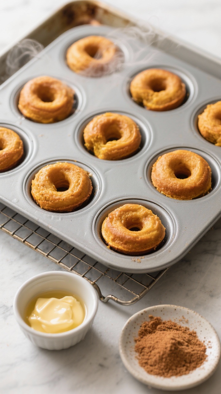 Cooking process: Overhead shot of baked pumpkin donuts just out of the oven in a 12-cavity metal don