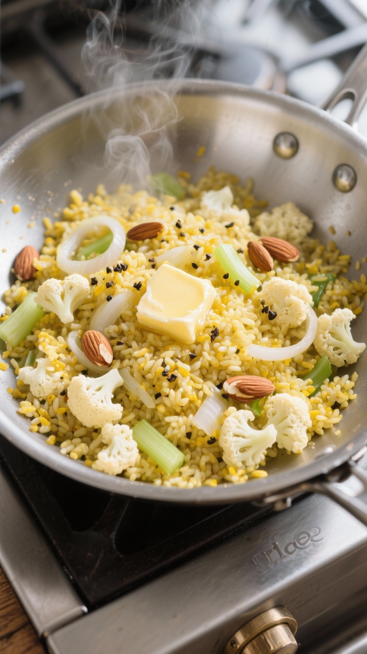 Cooking process: Overhead shot of cauliflower “rice” pilaf mid-sauté in a wide stainless sauté