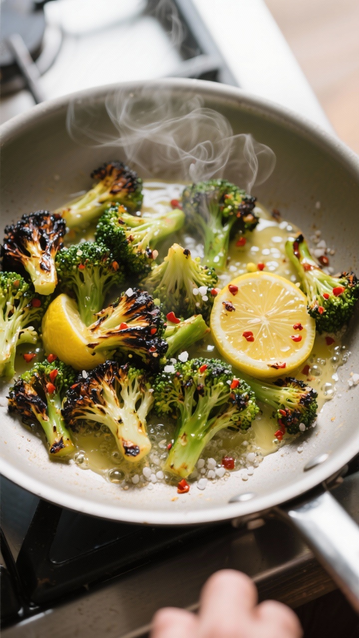 Cooking process: Overhead shot of charred lemon-butter broccoli in a stainless skillet mid-toss—br