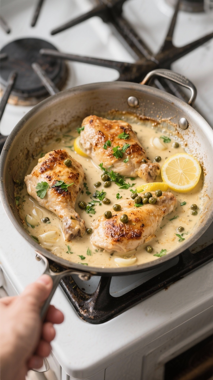 Cooking process: Overhead shot of chicken simmering in the skillet as the sauce thickens—Dijon-kis