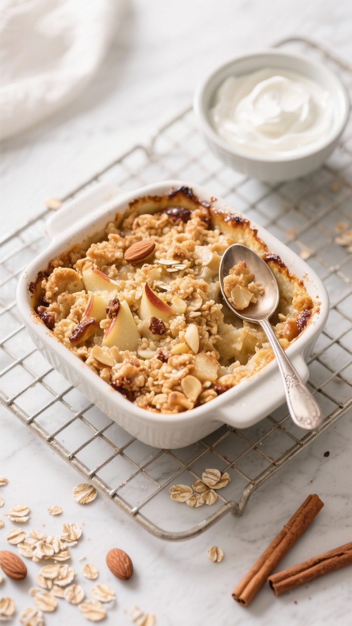 Cooking process: Overhead shot of Cinnamon Almond Apple Crisp just pulled from the oven, bubbly edge
