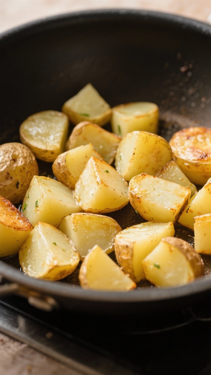 Cooking process: Overhead shot of cooked potato chunks (
