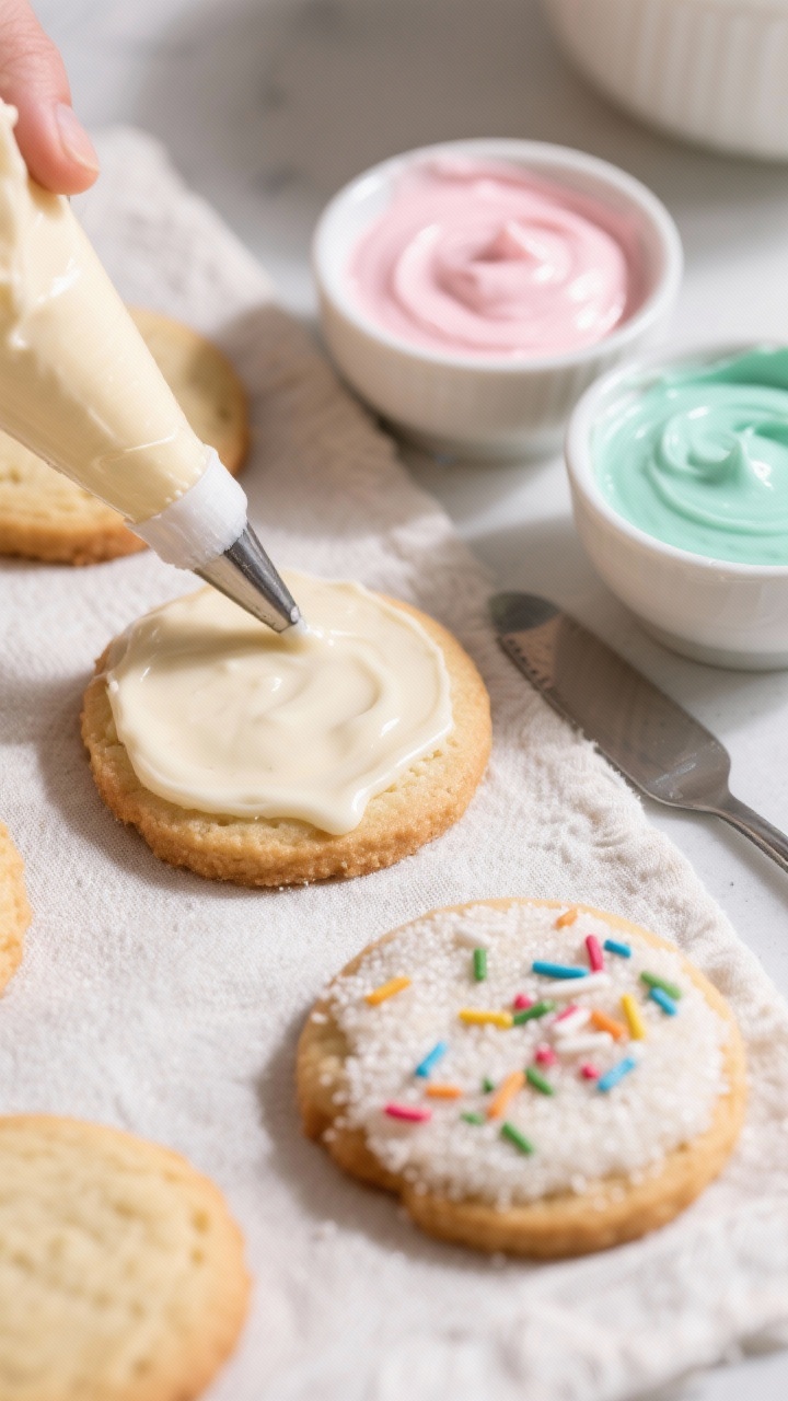 Cooking process: Overhead shot of cooled cookies being decorated with thick vegan vanilla icing, one
