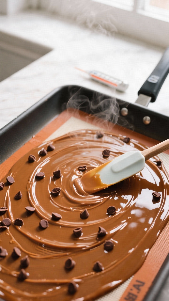 Cooking process: Overhead shot of deep-amber toffee just poured and spread to 1/4 inch on a silicone