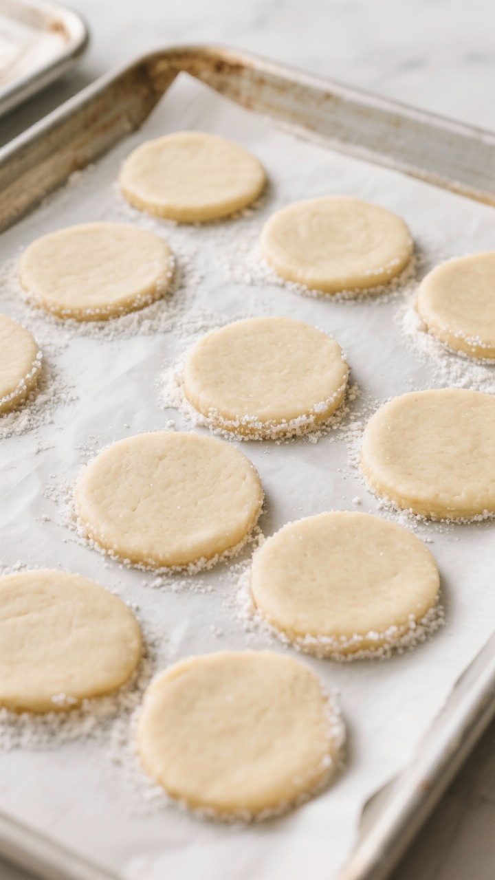 Cooking process: Overhead shot of evenly rolled vegan sugar cookie dough cut into classic rounds at 