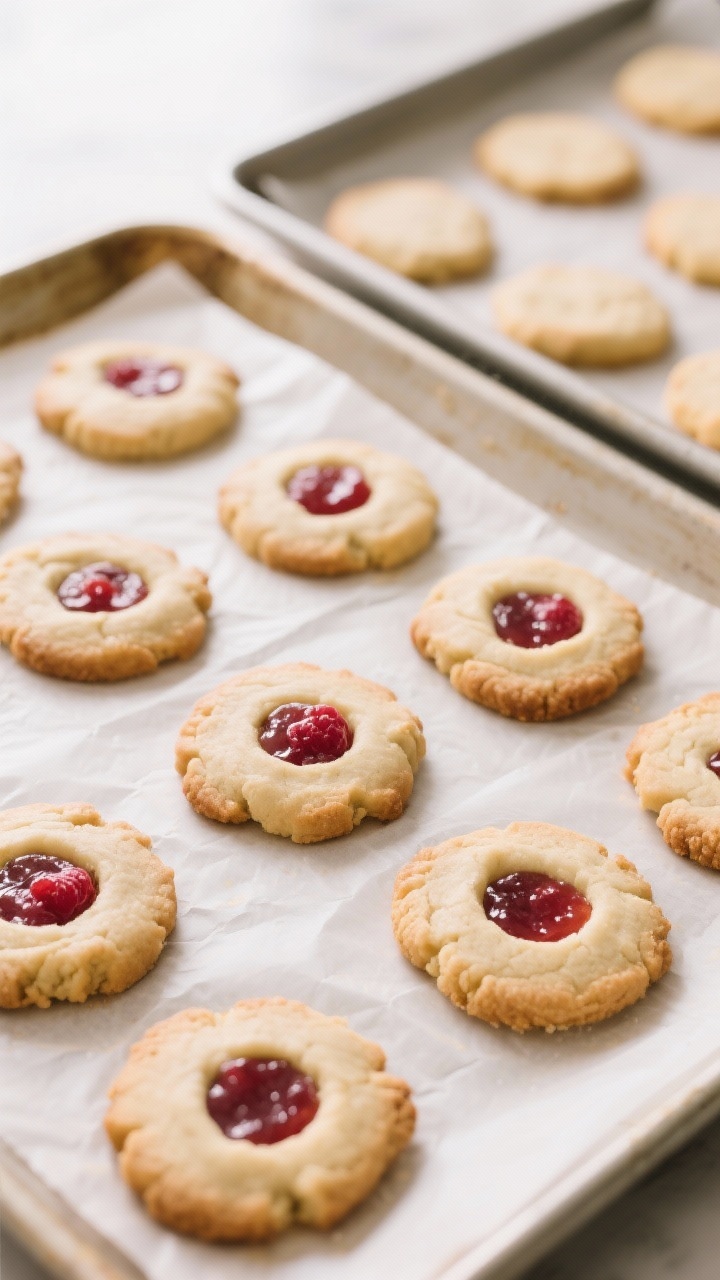 Cooking process: Overhead shot of formed cookie dough disks on a parchment-lined baking sheet right 