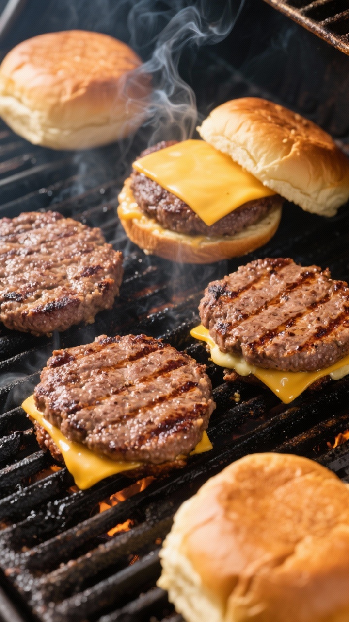 Cooking process: Overhead shot of four burger patties on a medium-high grill, clear single-flip stag