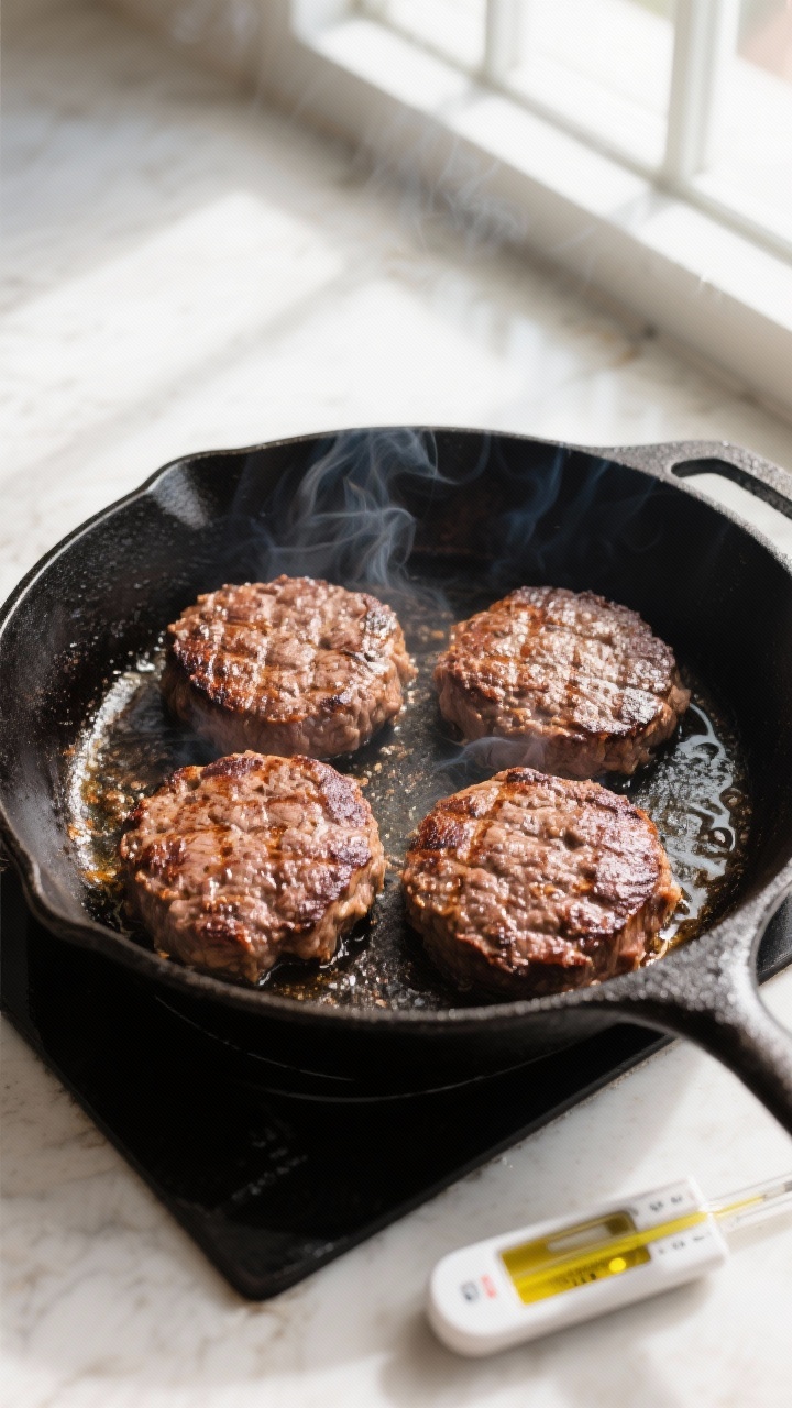 Cooking process: Overhead shot of four patties in a ripping-hot cast-iron skillet, dimple-side up in