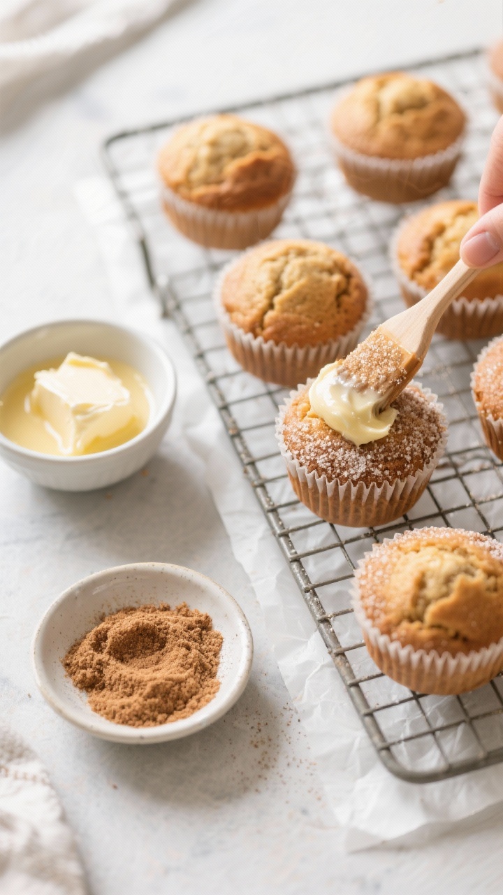 Cooking process: Overhead shot of freshly baked muffin batch cooling on a wire rack beside a small b