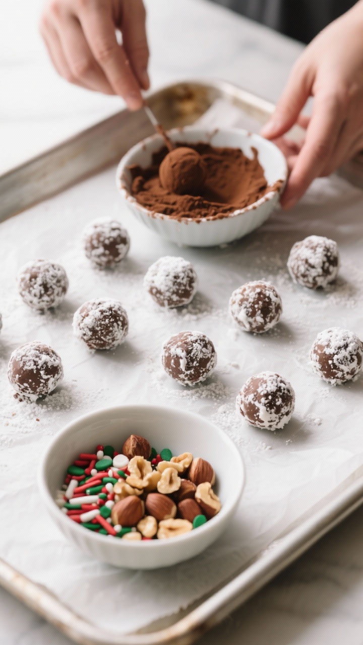 Cooking process: Overhead shot of freshly rolled 1-inch truffle balls being coated—one bowl of coc