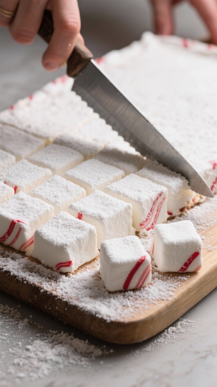 Cooking process: Overhead shot of freshly set marshmallow slab flipped onto a dusted board, a lightl