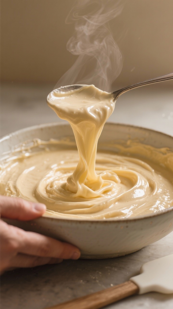 Cooking process: Overhead shot of glossy gluten-free choux dough at perfect ribbon stage in a mixing