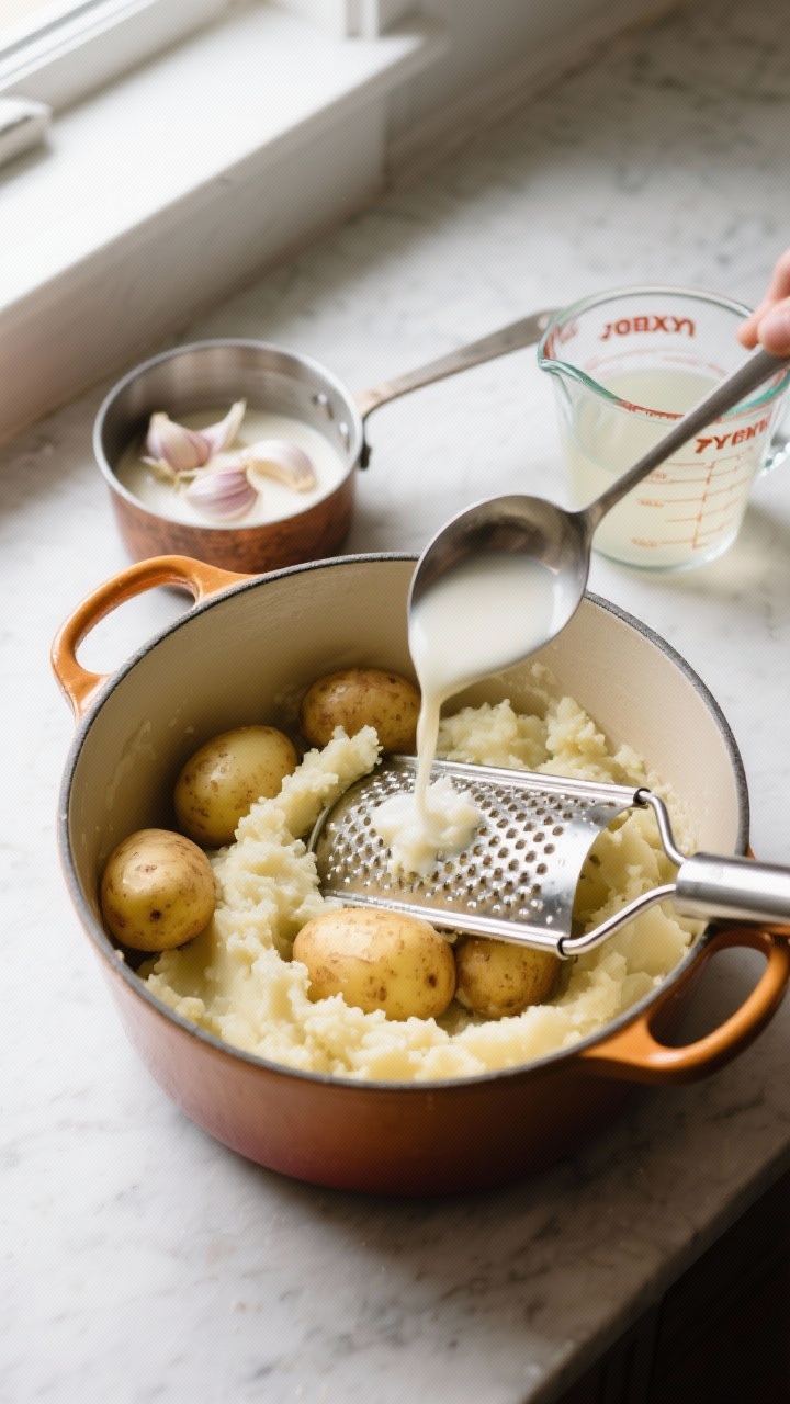 Cooking process: Overhead shot of just-mashed baby potatoes in a Dutch oven with a potato ricer rest