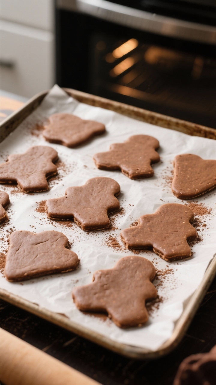 Cooking process: Overhead shot of neatly cut cookie shapes on a parchment-lined sheet pan just after