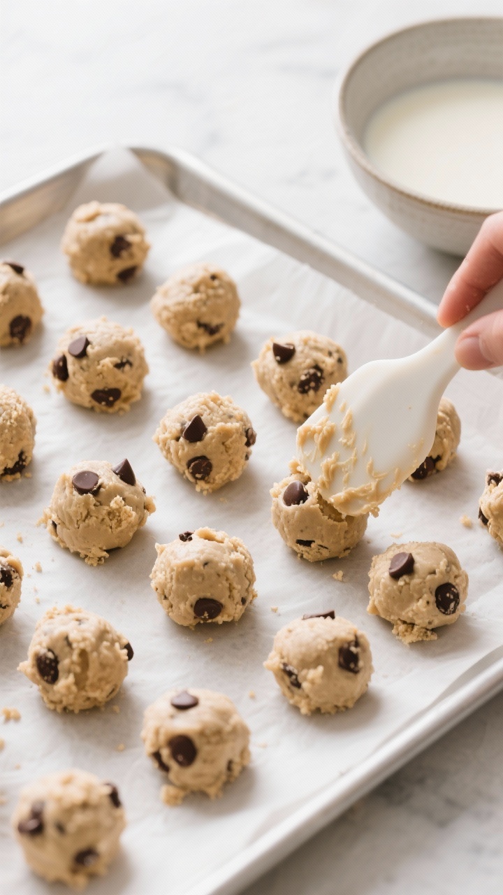 Cooking process: Overhead shot of no-bake cookie dough bites being rolled and placed on a parchment-