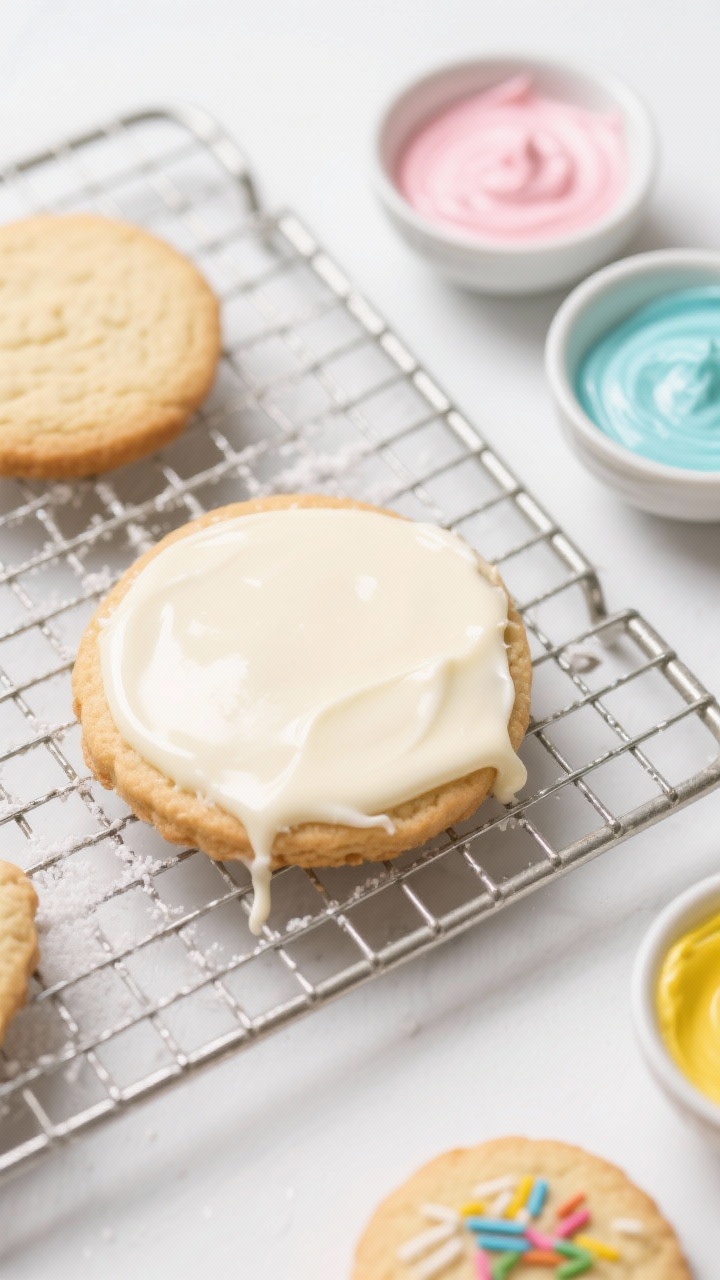 Cooking process: Overhead shot of outlined and flooded cookies being decorated on a cooling rack—o