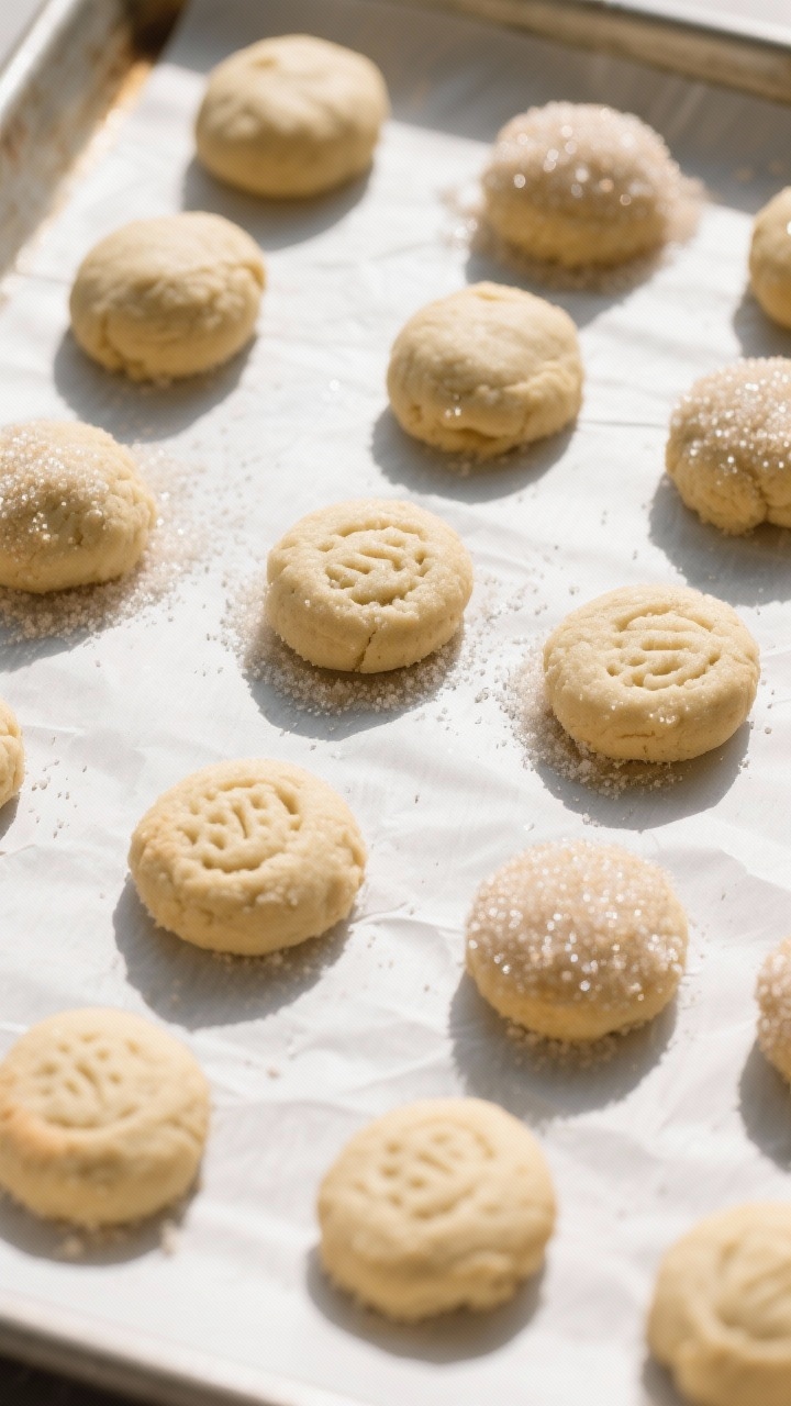 Cooking process: Overhead shot of portioned dough balls flattened to 1/2-inch on a parchment-lined b