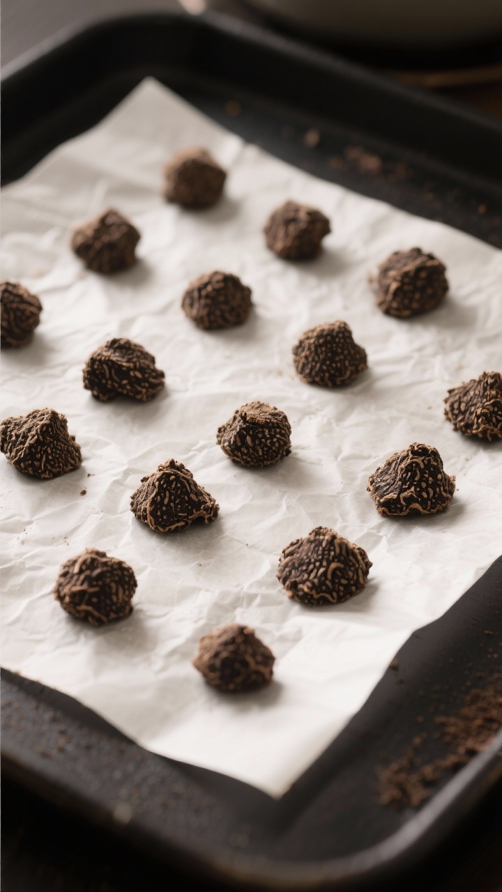 Cooking process: Overhead shot of portioned truffle mounds on parchment, 1–