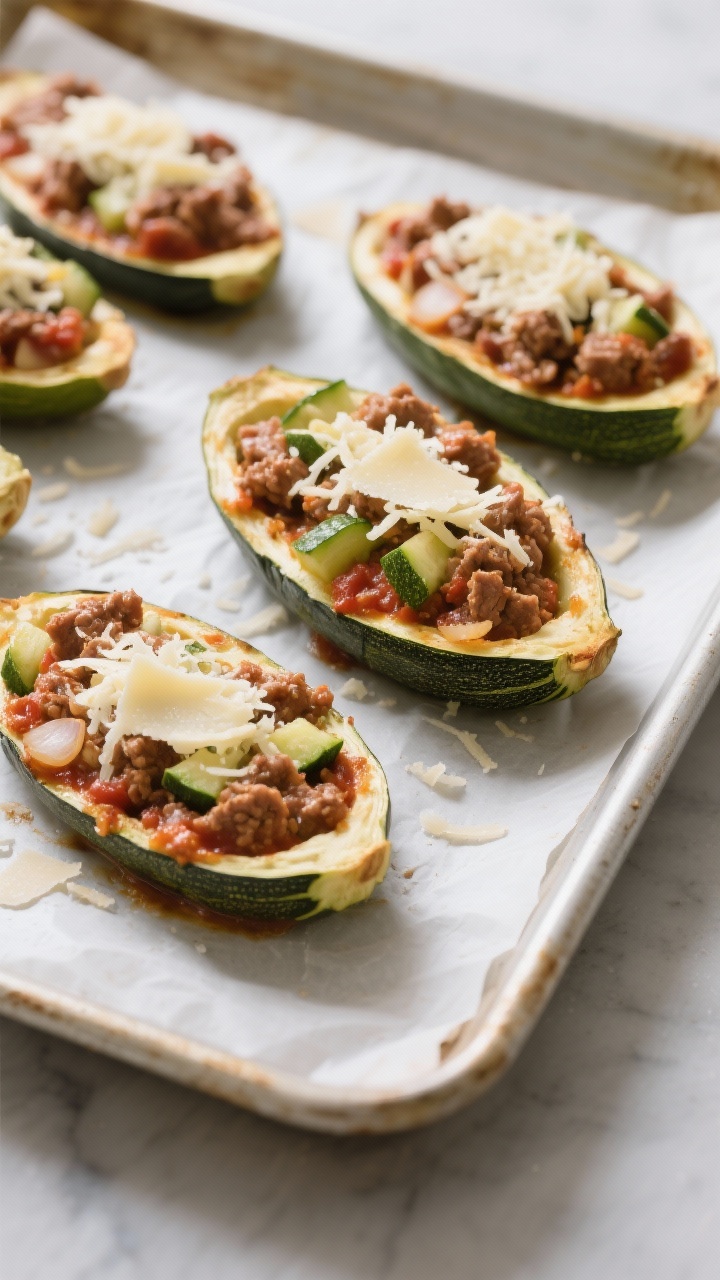 Cooking process: Overhead shot of pre-baked zucchini shells on a parchment-lined sheet pan after the