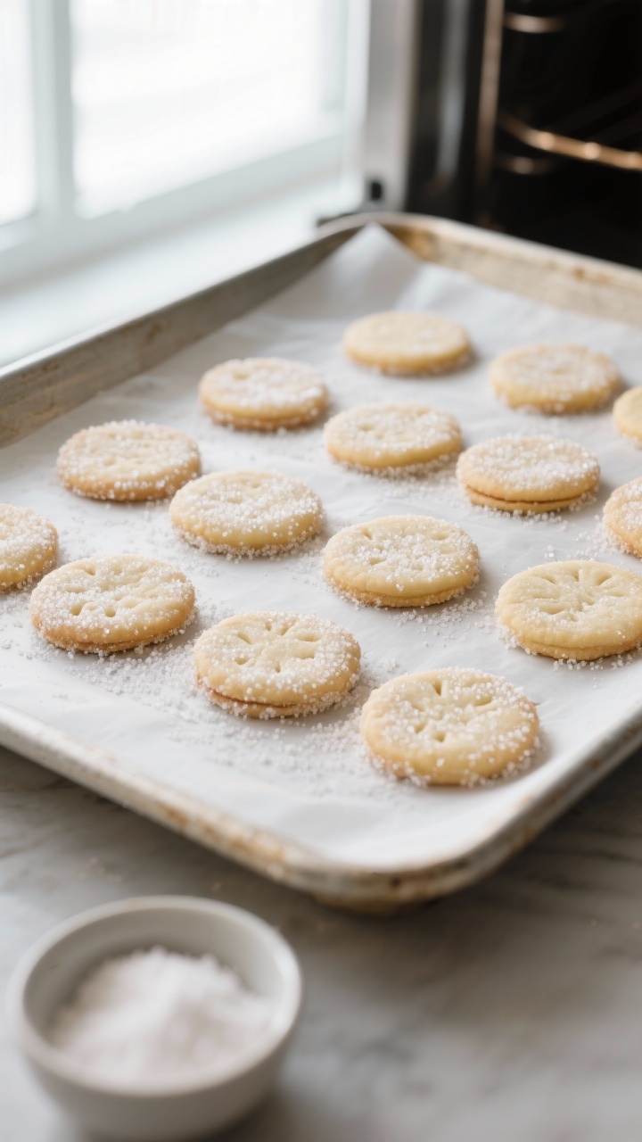 Cooking process: Overhead shot of pressed, sugar-coated cookie discs arranged on a parchment-lined b