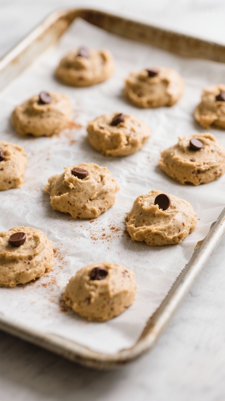 Cooking process: Overhead shot of scooped and lightly flattened cookie mounds on a parchment-lined b
