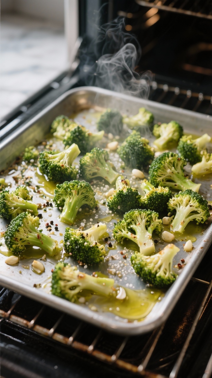 Cooking process: Overhead shot of seasoned broccoli hitting a preheated, smoking-hot sheet pan at 42