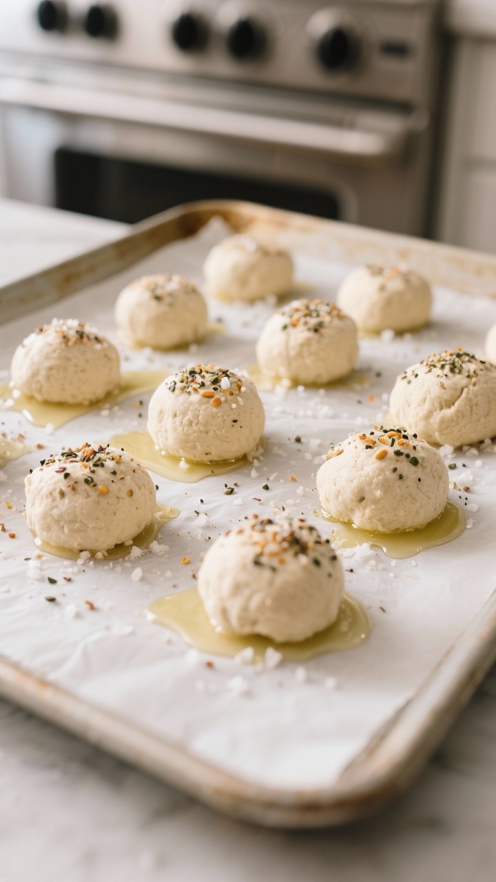 Cooking process: Overhead shot of shaped almond flour dough balls (8–10 pieces) resting on a parch