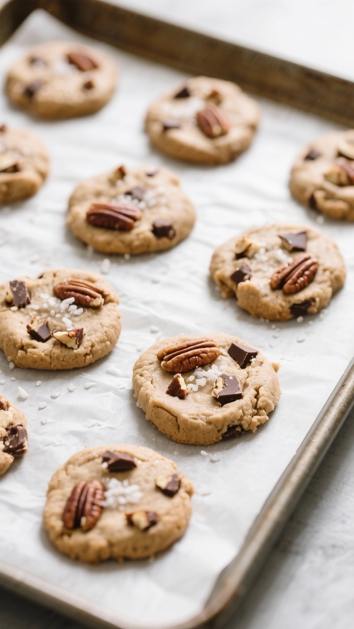 Cooking process: Overhead shot of shaped and slightly flattened paleo cookie dough rounds on a parch