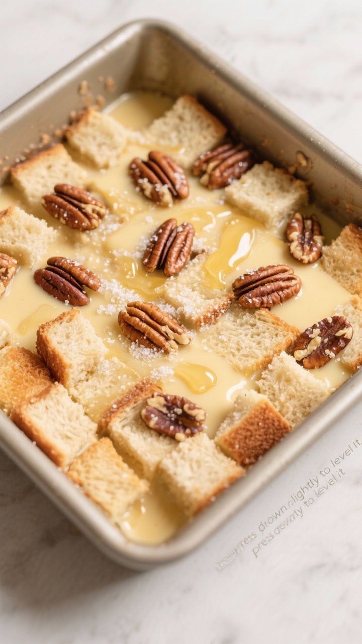 Cooking process: Overhead shot of soaked bread cubes in a buttered 9x9 pan right before baking, cust