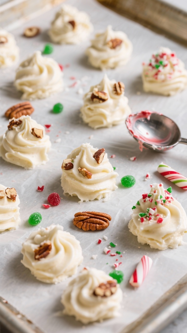 Cooking process: Overhead shot of tablespoon-sized mounds of freshly scooped divinity on parchment-l