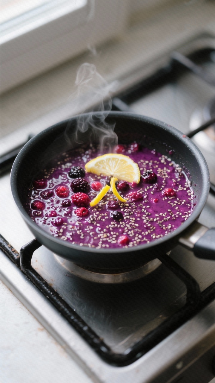 Cooking process: Overhead shot of the 2-minute berry-chia compote simmering in a small saucepan, ber