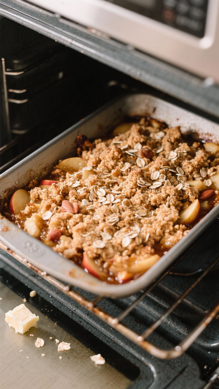 Cooking process: Overhead shot of the apple crisp mid-bake at the 40-minute mark, pulled on the oven