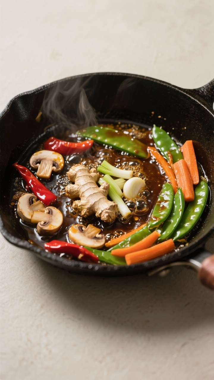 Cooking process: Overhead shot of the aromatics sauté stage—ginger, garlic, and scallion whites b