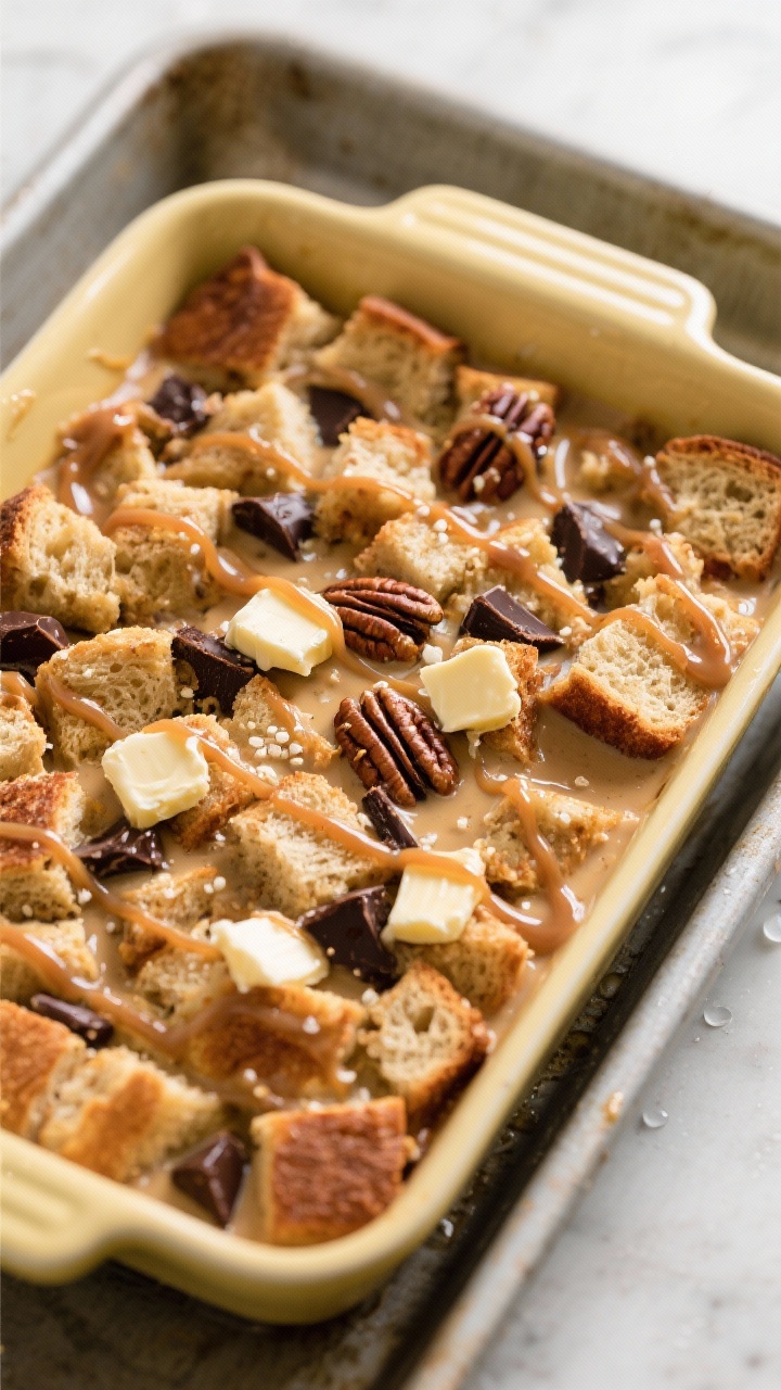 Cooking process: Overhead shot of the assembled bread pudding before baking, bread cubes fully soake