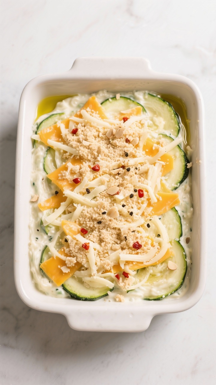 Cooking process: Overhead shot of the assembled casserole right before baking—creamy zucchini mixt