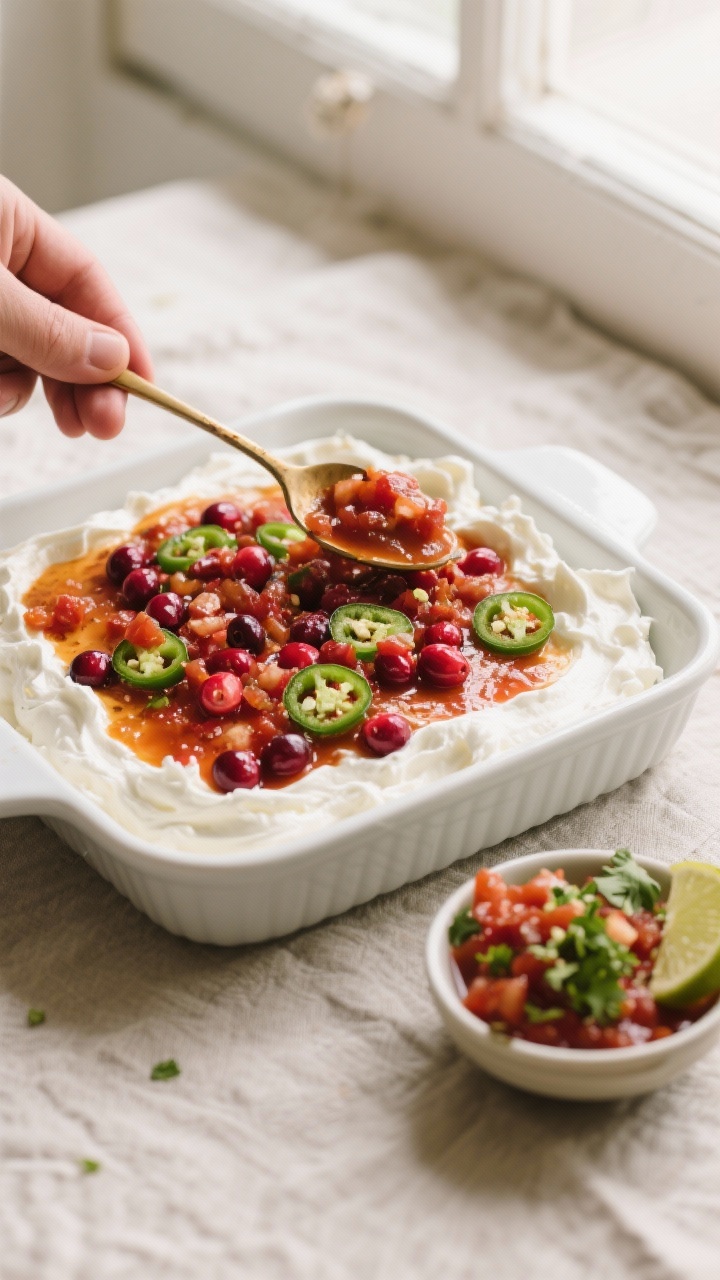 Cooking process: Overhead shot of the assembled dip being finished—an even layer of cloud-like whi