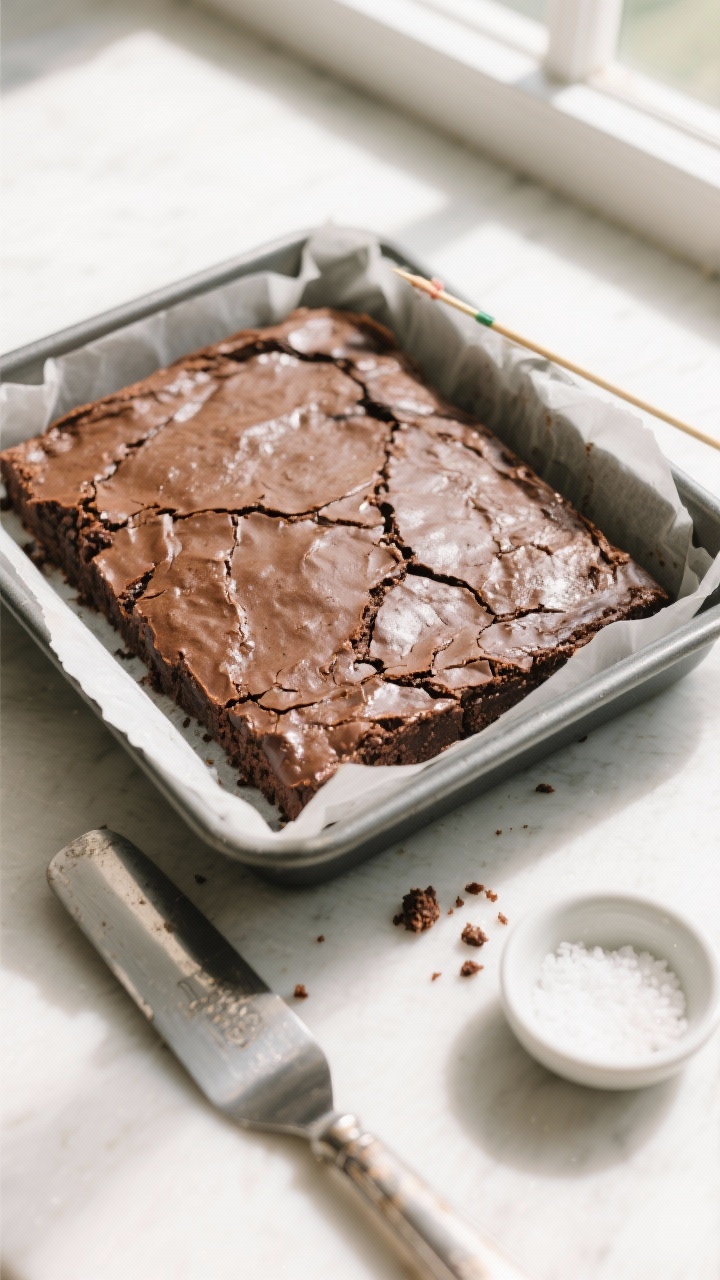 Cooking process: Overhead shot of the baked brownie slab cooling in an 8x8-inch parchment-lined pan,