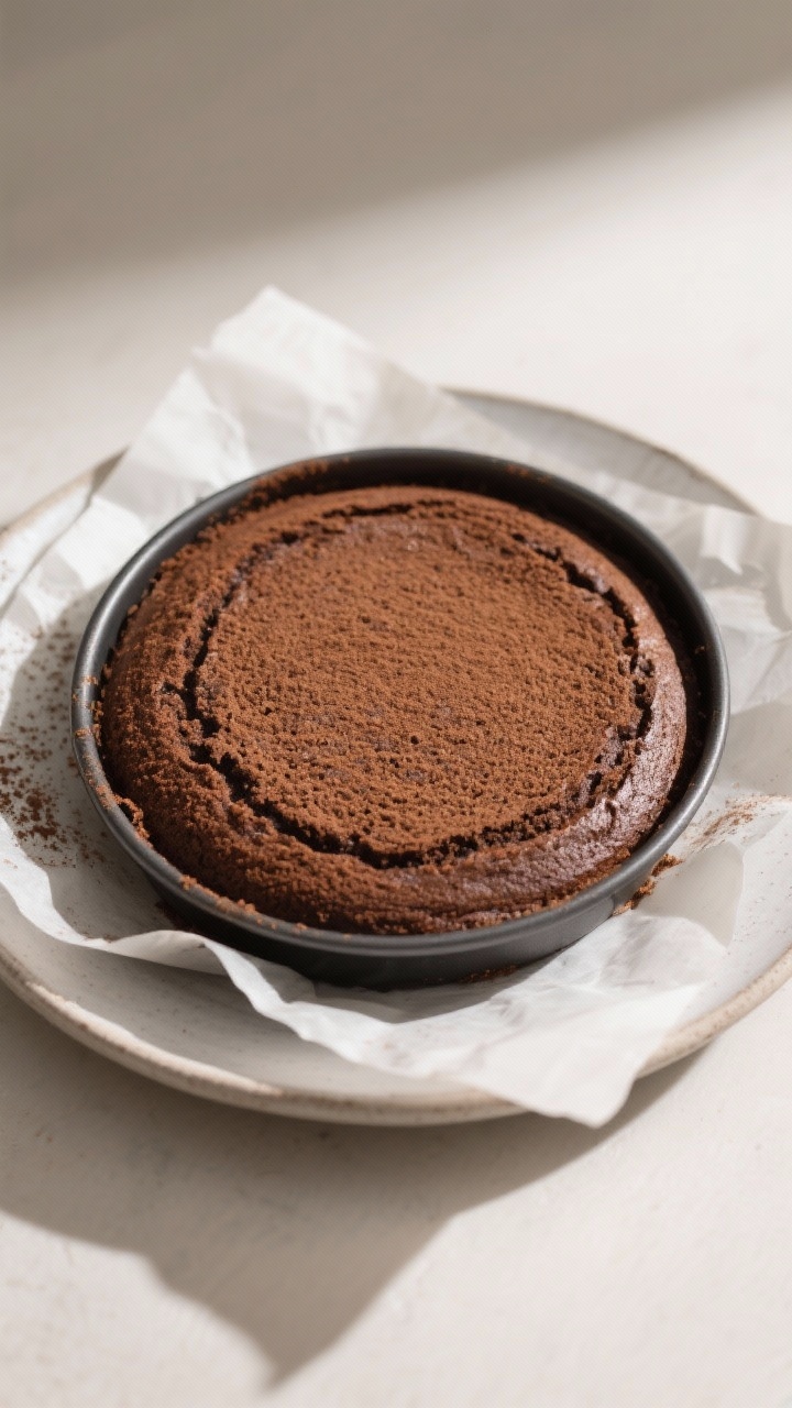 Cooking process: Overhead shot of the baked cake just out of the pan, centered on a parchment-lined 
