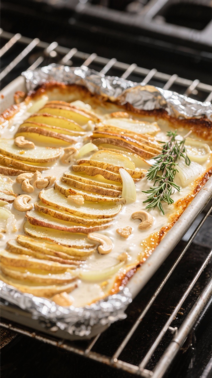 Cooking process: Overhead shot of the baking dish mid-bake after foil removal, showing neatly layere