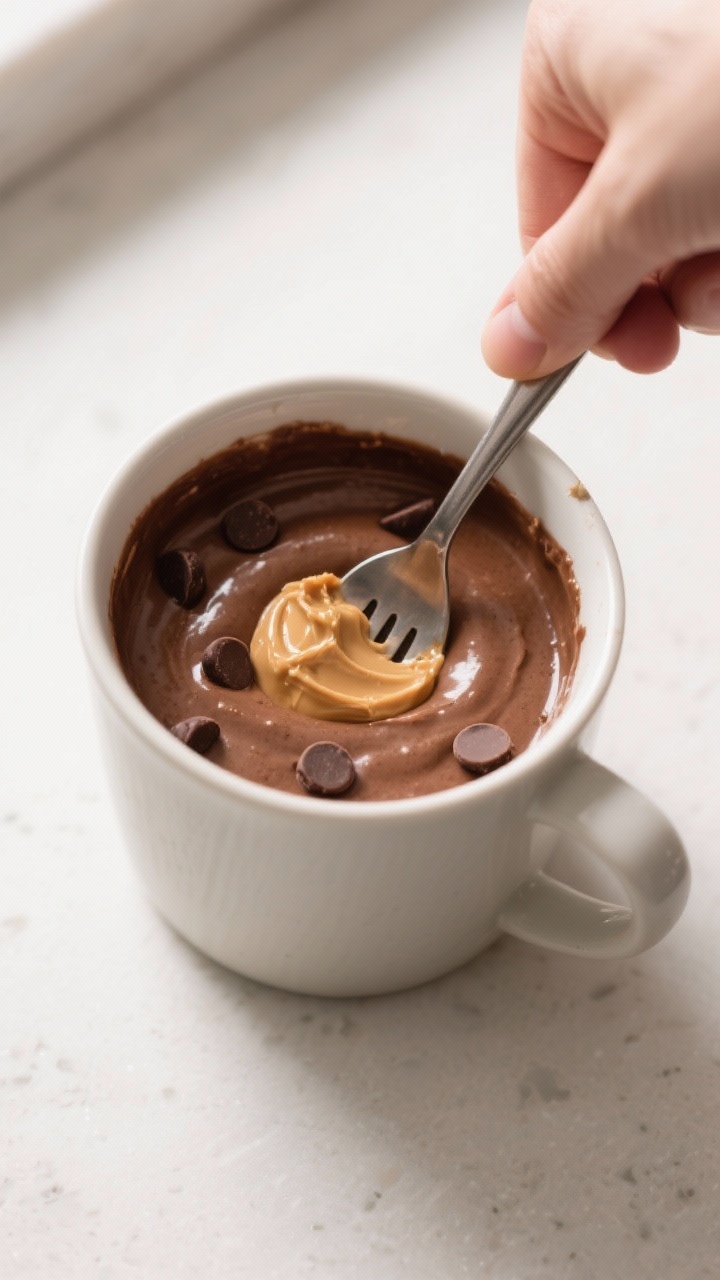 Cooking process: Overhead shot of the batter being mixed smooth inside a 12-ounce ceramic mug with a