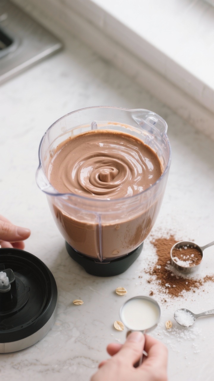 Cooking process: Overhead shot of the blended pudding just finished in a high-speed blender jar, sur