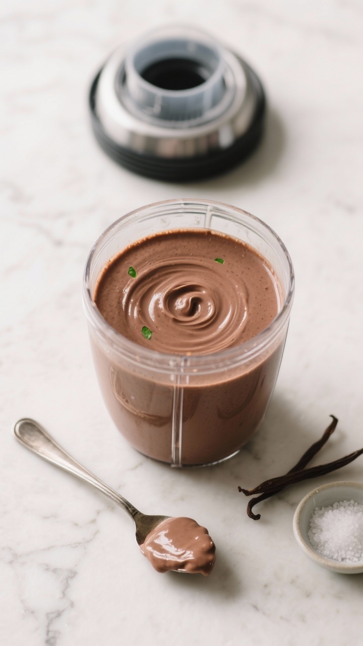Cooking process: Overhead shot of the blender jar right after blending, lid removed to reveal a silk