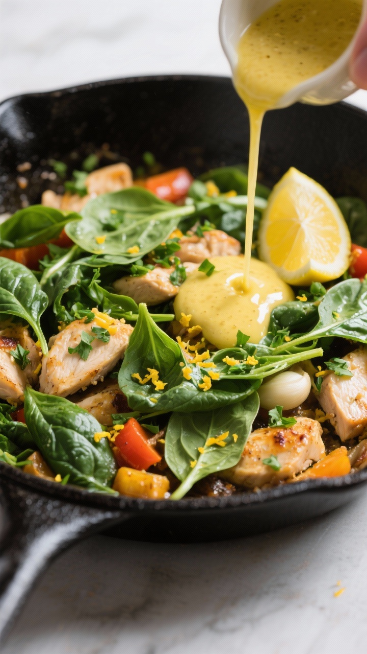 Cooking process: Overhead shot of the “bring it together” moment—wilted baby spinach just fold
