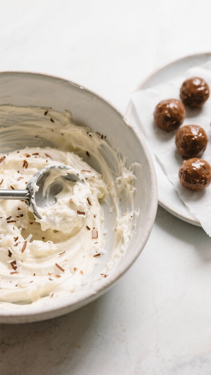 Cooking process: Overhead shot of the chilled, scoopable coconut mixture in a mixing bowl at truffle