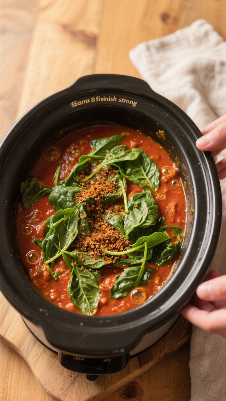 Cooking process: Overhead shot of the curry in the slow cooker right after the “finish strong” s