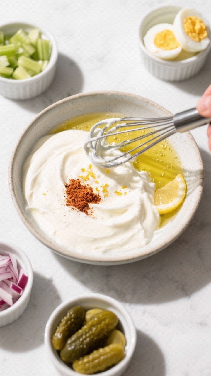Cooking process: Overhead shot of the dressing base just whisked smooth in a medium bowl—silky Gre
