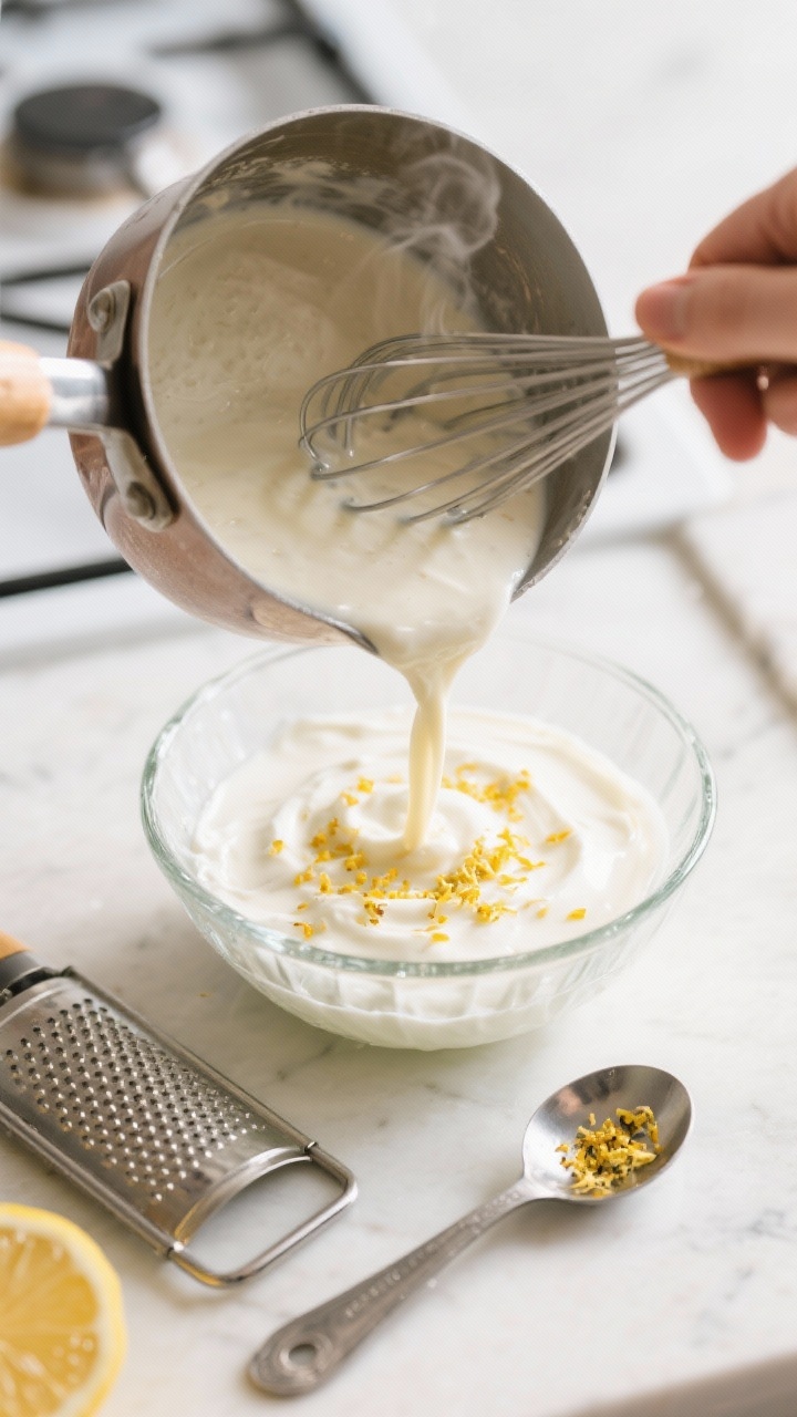 Cooking process: Overhead shot of the hot almond milk–cornstarch–agar mixture being whisked smoo