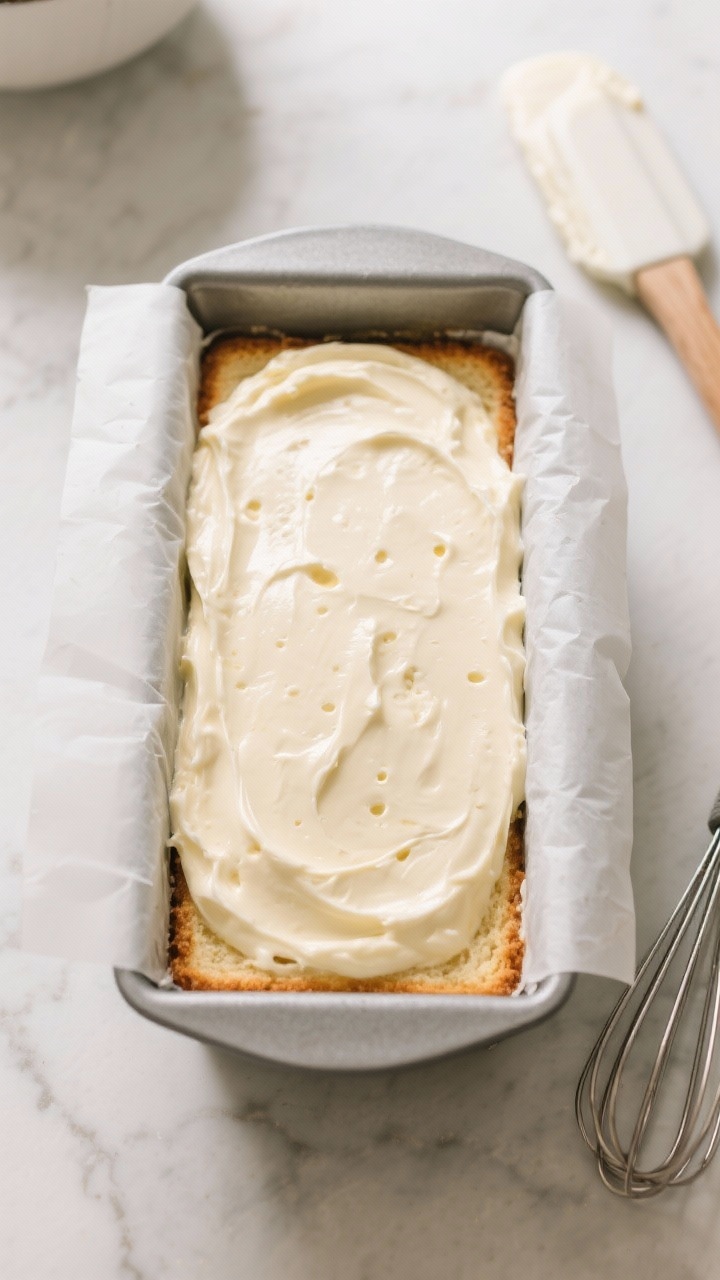 Cooking process: Overhead shot of the keto pound cake batter smoothed in a parchment-lined 9x5-inch 