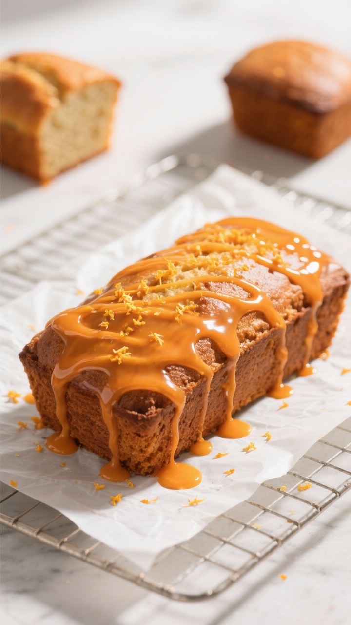 Cooking process: Overhead shot of the loaf just glazed, glossy orange glaze drizzled in thick ribbon