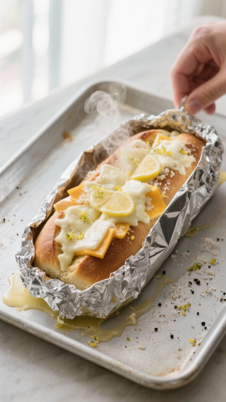 Cooking process: Overhead shot of the loaf mid-bake step “uncover for the win,” foil tent peeled